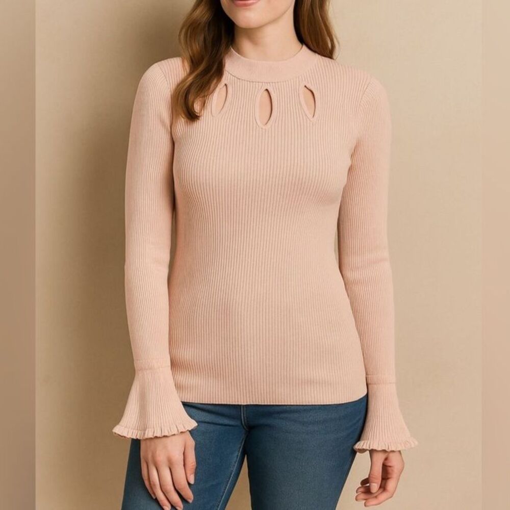 Candie’s Blush Pink Ribbed Keyhole Sweater M Bell Sleeve Knit Top